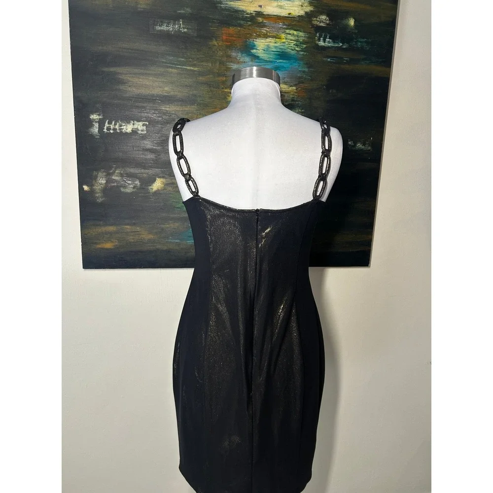 RARE Zula Studio Cocktail Dress 8 Black Gold Metallic Chain Strap Sheath